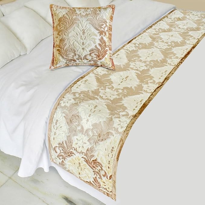 The HomeCentric King/Queen/Twin Beige Luxury CA King 86"x18" Bed Runner with One Pillow Cover, Damask Bed Scarf on Velvet Fabric - Emmeline