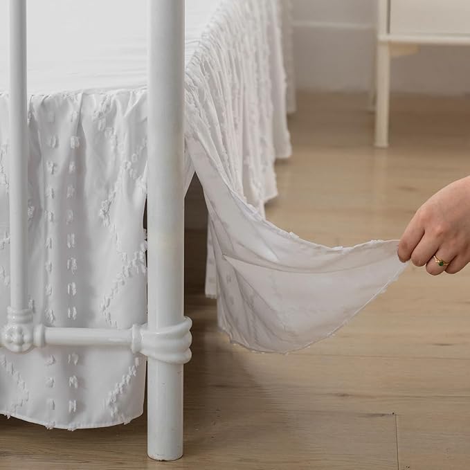 Bed Skirt King Size Ruffled Bed Skirt with Split Corners, 18 Inch Drop Dust Ruffle Bed Skirts with Platform, Boho Tufted Shabby Chic Full Size Bed Skirts, White
