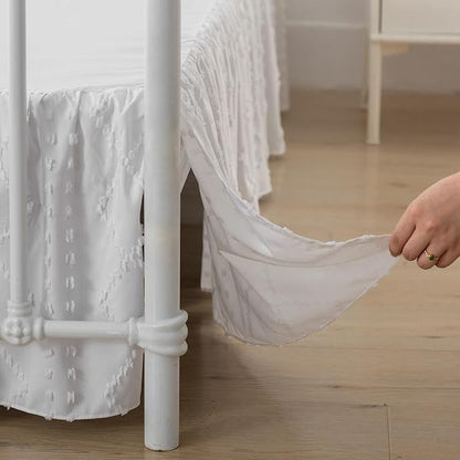 Bed Skirt Full Size Ruffled Bed Skirt with Split Corners, 12 Inch Drop Dust Ruffle Bed Skirts with Platform, Boho Tufted Shabby Chic Full Size Bed Skirts, White
