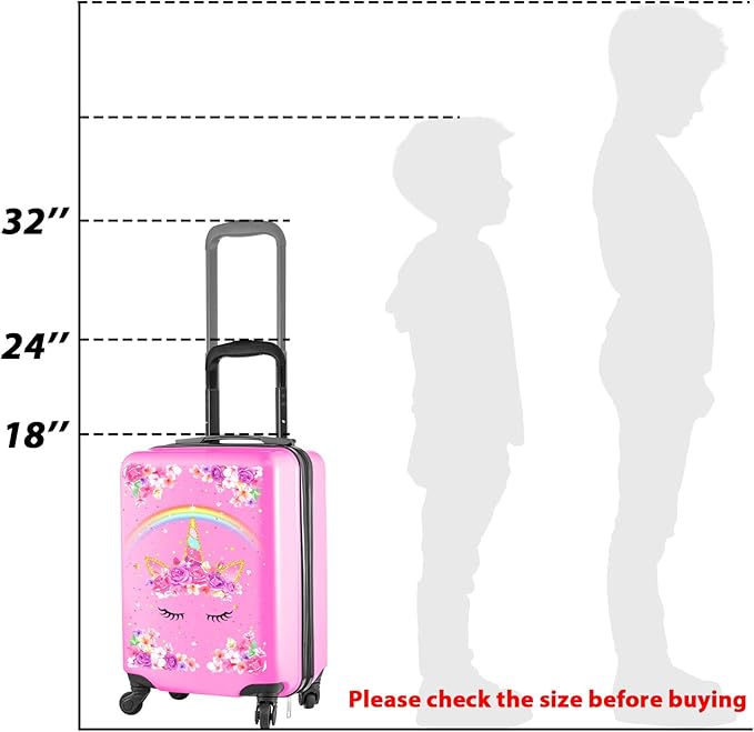 Sanwuta 4 Pcs Kids Luggage Set Kids Backpack Travel Rolling Suitcase with Wheels U-shape Pillow Childrens Gift for Girls Boys(17 Inch,Unicorn Rainbow Style,Pink)