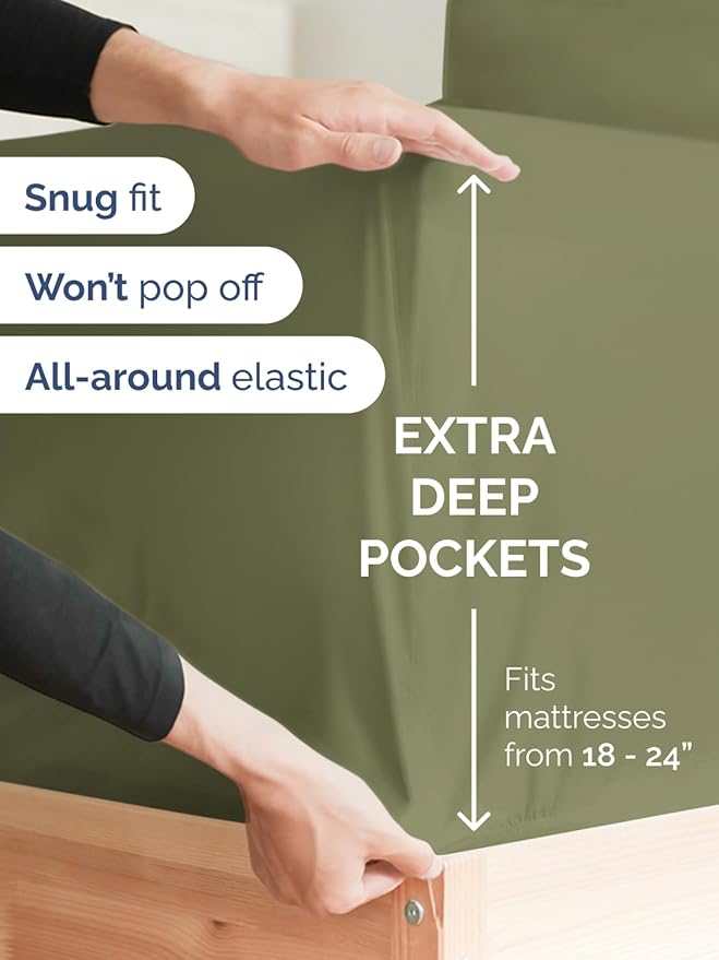 Extra Deep Queen Fitted Sheet - Hotel Luxury Single Fitted Sheet Only - Easily Fits 18 inch to 24 inch Mattress - Ultra Soft, Wrinkle & Fade Free w/Extra Deep Pocket - Breathable & Comfy - Sage Green