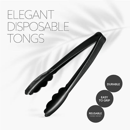 [Black Tongs 9'' Inches] Plasticpro 9'' Serving Tongs Heavy Duty Reusable Kitchen and BBQ Black Serving Tong for party's, Caterings, Events, Buffet, Weddings, And every Day use Pack of 12