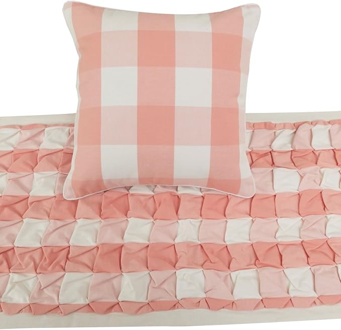 The HomeCentric King/Queen/Twin Peach Pink Decorative Queen 74"x18" Bed Runner Without Pillow Cover, Textured & Buffalo Checks Bed Scarf on Cotton Fabric - Buffalo Plaid Peach