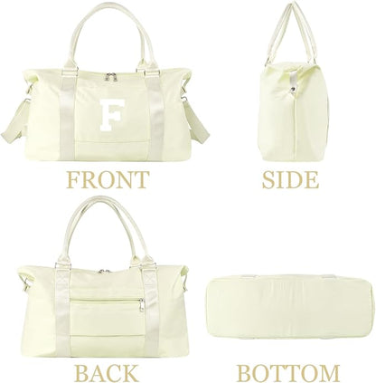 Initial Travel Duffel Bag Sports Gym Bag for Kids Teen Birthday Gifts,Beige Personalized Weekender Bag Carry On Dance Bags for Women Men,Waterproof Monogram Overnight Bag with Trolley Sleeve(Letter F)