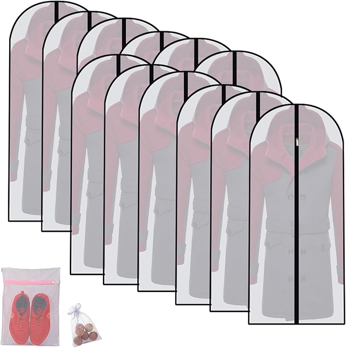 Hanging Garment Bag Dress Bags for Closet Storage ( Set of 12 ) Suit Protector Cover Bag with Zipper for Long Dresses, Suit, Coat Closet Clothes Storage ( Black, 24'' x 54'' )