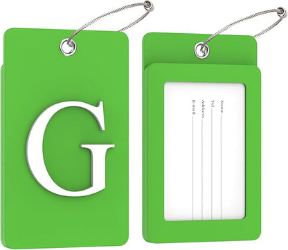 Gostwo 2 Pack Luggage Tags for Suitcases, 26 Initial Letter Travel Luggage Baggage Identification Labels ID Tag Fully Bendable Tags with Stainless Steel Loop (Green) (Letter G)