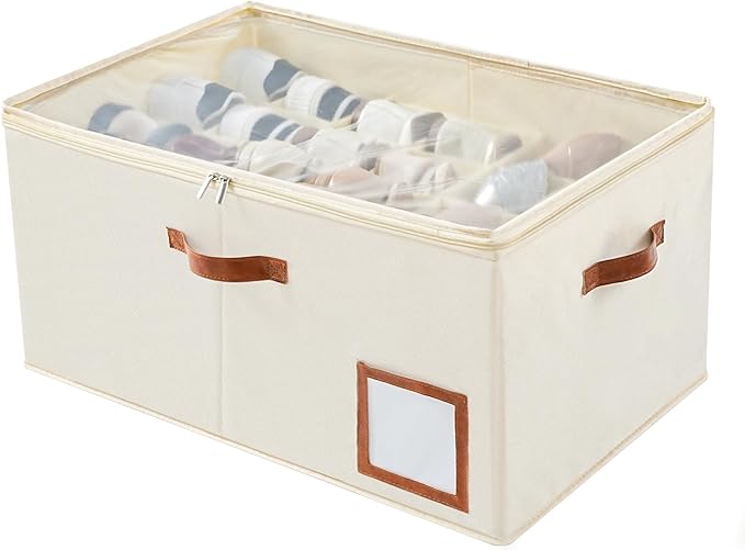 Shoe Organizer for Closet Fit 24 Pairs, Large Foldable Shoe Storage Containers Box Bin w/Adjustable Dividers and Clear Cover, Space Saving Shoe Storage Organizer Box, Beige