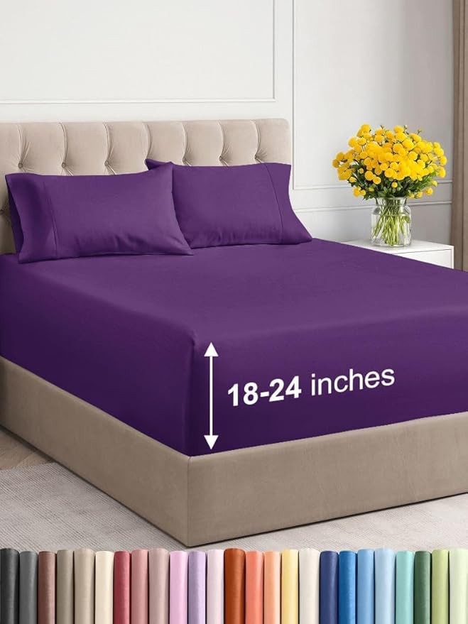 Extra Deep Twin XL Sheet Set - 4 Piece Breathable & Cooling Sheets - Hotel Luxury Bed Sheets Set - Easy & Secure Fit - Soft, Wrinkle Free & Comfy Sheets Set - Purple Sheet Set with Extra Deep Pockets