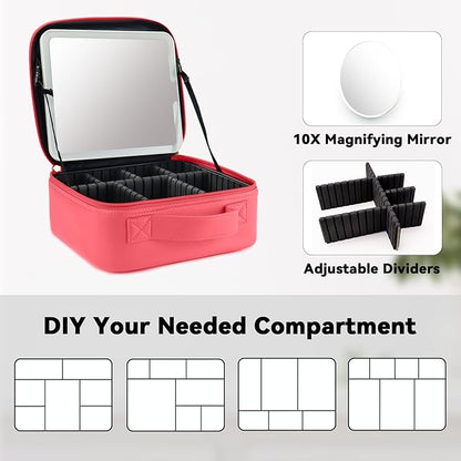 Travel Makeup Bag with LED Mirror and 10x magnifying glass with 3 Lighted Settings, Adjustable Dividers and Makeup Brush Storage Bag Light Red