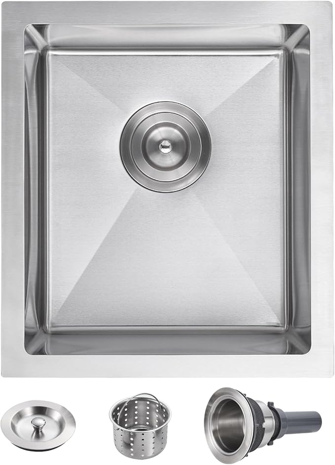 POPFLY 15x17 Inch Undermount Bar Prep Sink, 15” Undermount Rectangle Kitchen Sink, 304 Stainless Steel Single Bowl Small Kitchen Rv Sinks, Brushed