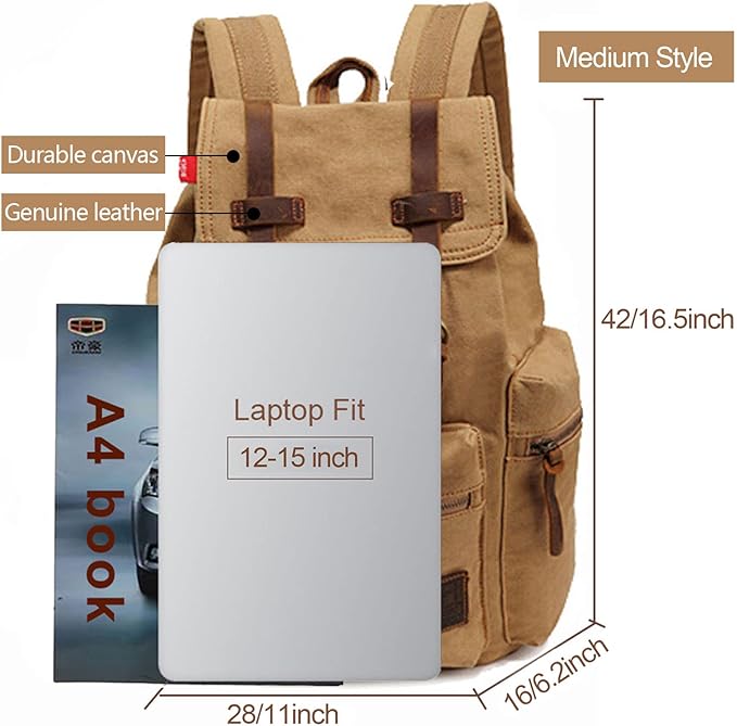 AUGUR High Capacity Canvas Vintage Backpack - for School Travel 12-15" Laptop Backapcks for Men Casual Daypacks Rucksack (M-Khaki)
