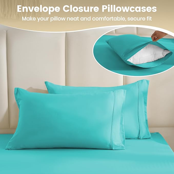 Silky Soft Queen Size Sheet Set - Luxury 4 Piece Breathable Cooling Sheets for Queen Size Bed, 16" Deep Pocket Easy Care Wrinkle Free Bedding Sheet and Pillowcase Set, Turquoise