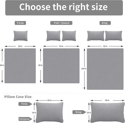 Easy-Going California King Size Reversible Quilt Set with 1 Quilt and 2 Pillow Shams, Soft Bed Quilt Cover, Water Resistant Lightweight Microfiber Bedspread, Stain Resistant, Light Gray/Ivory