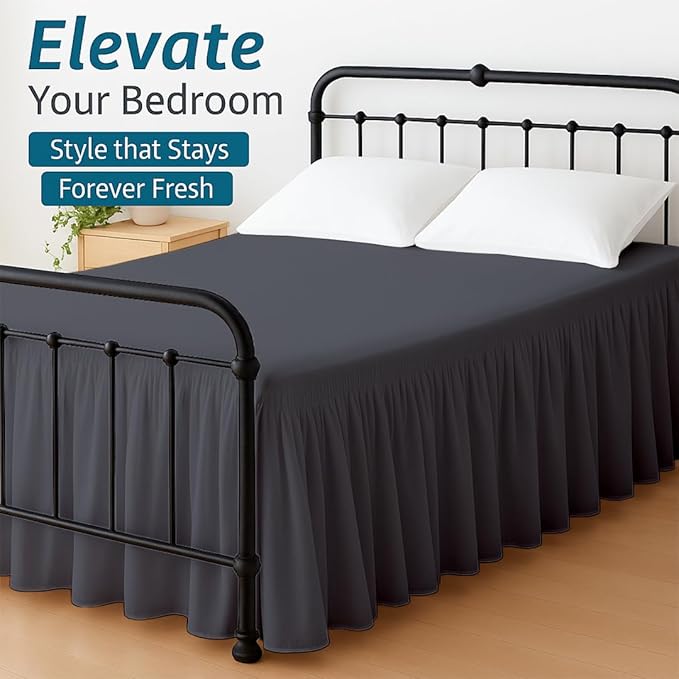 Shreem Linen Ruffled Bed Skirt with Split Corners, Gathered Style, 100% Microfiber, 12-Inch Drop, Dust Ruffle Bedskirt with Platform, Queen-XL, Dark Grey