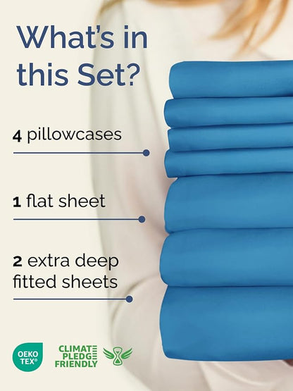Extra Deep Split King Sheet Set - 7 Piece Breathable & Cooling Sheets - Hotel Luxury Bed Sheets Set - Easy Fit - Soft, Wrinkle Free & Comfy Sheets Set - Denim Blue Sheet Set with Extra Deep Pockets