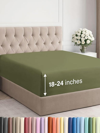 Extra Deep Queen Fitted Sheet - Hotel Luxury Single Fitted Sheet Only - Easily Fits 18 inch to 24 inch Mattress - Ultra Soft, Wrinkle & Fade Free w/Extra Deep Pocket - Breathable & Comfy - Sage Green