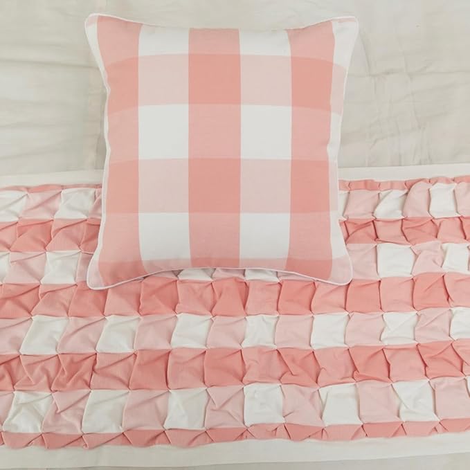 The HomeCentric King/Queen/Twin Peach Pink Decorative Queen 74"x18" Bed Runner Without Pillow Cover, Textured & Buffalo Checks Bed Scarf on Cotton Fabric - Buffalo Plaid Peach