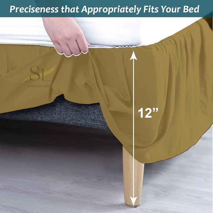 Shreem Linen Ruffled Bed Skirt with Split Corners, Gathered Style, 100% Microfiber, 12-Inch Drop, Dust Ruffle Bedskirt with Platform, Short Queen, Taupe