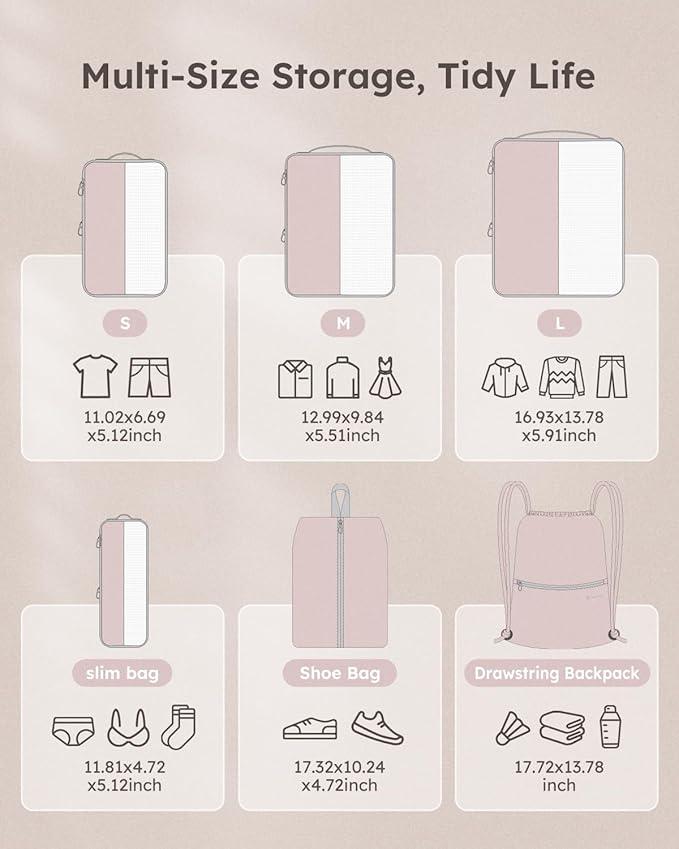 6 Set Compression Packing Cubes for Travel, Bonus Versatile Drawstring Backpack, Lightweight Luggage Organizer Bags, Sturdy Travel Accessories for Suitcase, Pink