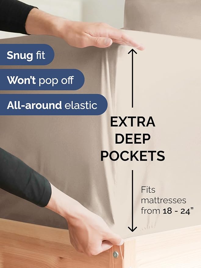 Extra Deep Twin XL Fitted Sheet - Hotel Luxury Single Fitted Sheet Only - Easily Fits 18 inch to 24 inch Mattress - Ultra Soft, Wrinkle & Fade Free w/Extra Deep Pockets - Breathable & Comfy - Wheat