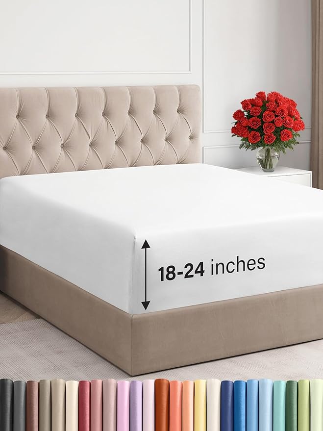 Extra Deep Full Fitted Sheet - Hotel Luxury Single Fitted Sheet Only - Easily Fits 18 inch to 24 inch Mattress - Ultra Soft, Wrinkle Free w/Extra Deep Pockets - Easy-Care, Breathable & Comfy - White