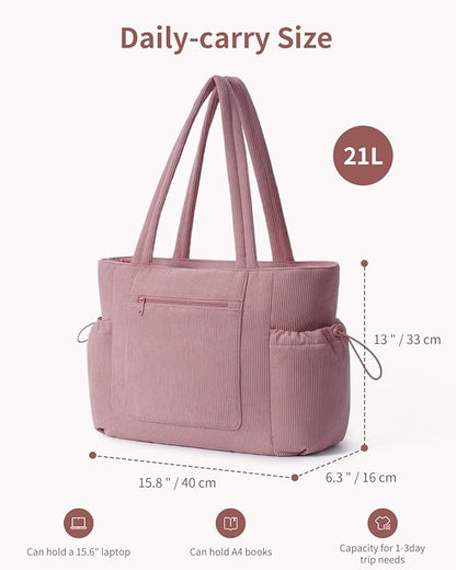 ECOHUB Tote Bag for Women, Work Tote Bags with Laptop Compartment, Large Corduroy Tote Bag with Stanley Cup Holder