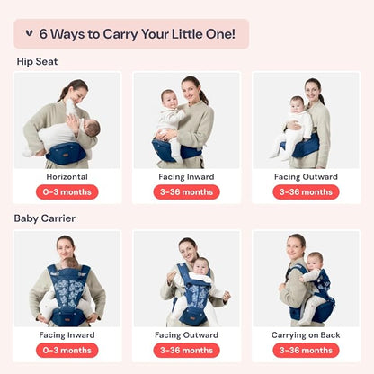 BabbleRoo Grow Carrier – 6-in-1 Baby Carrier with Hip Seat, Ergonomic, Cozy & Adjustable Toddler Carrier 7-50 lbs with Hip & Lumbar Support, Hood for Sun Protection, Newborn to Toddler, Denim Leaves