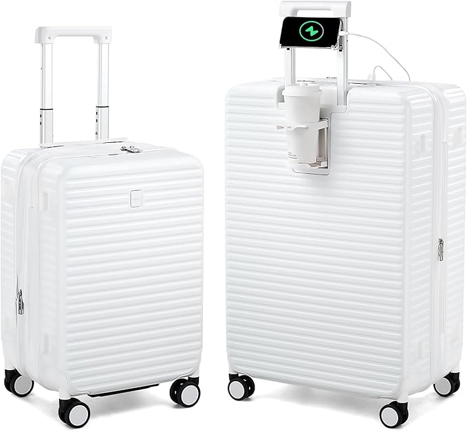 Hard Shell Suitcases Expandable Travel Luggage Sets 2 Piece, Carry on and Check in Luggage Lightweight Suitcase Set 2 Piece with Wheels Cup Holder Charger Built in (White, 20/28)