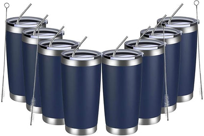 MEWAY 20oz Tumbler 8 Pack Double Wall Vacuum Insulated Travel Mug Bulk, Stainless Steel Tumblers with Lid and Straw, Durable Powder Coated Coffee Cups for Cold & Hot Drinks (Navy, 8)