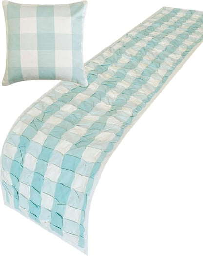 The HomeCentric King/Queen/Twin Aqua Decorative Bed Runner CA King 86"x18" Bed Runner Without Pillow Cover, Checkered, Buffalo Plaid, Check Bed Scarf on Cotton Fabric - Aqua Plaid Knots