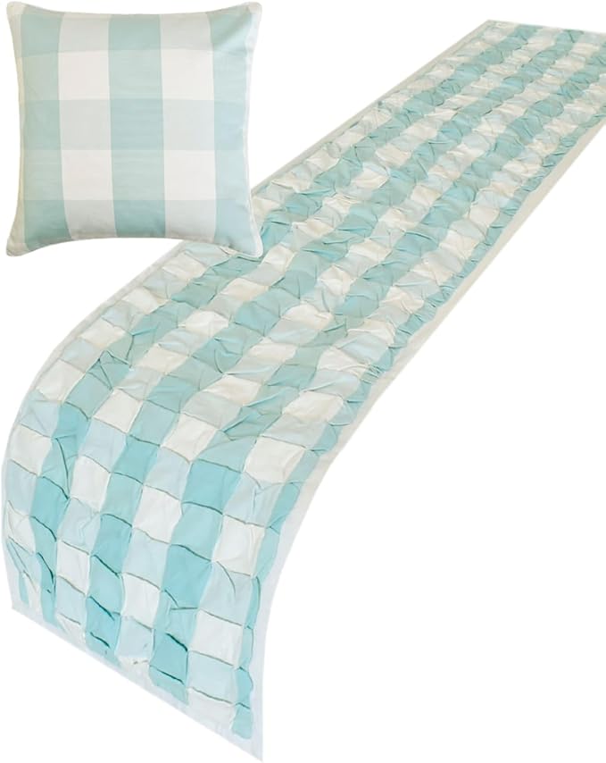 The HomeCentric King/Queen/Twin Aqua Decorative Bed Runner Queen 74"x18" Bed Runner with Two Pillow Cover, Checkered, Buffalo Plaid, Check Bed Scarf on Cotton Fabric - Aqua Plaid Knots