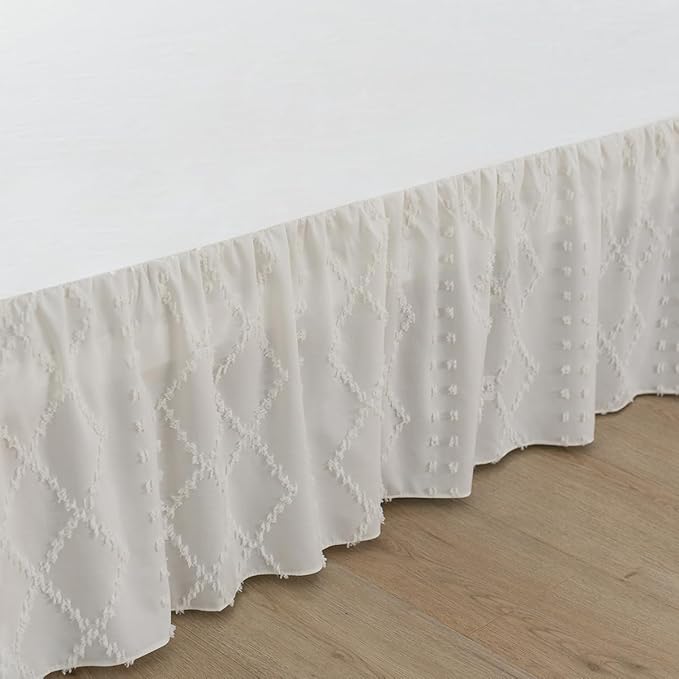 Bed Skirt King Size Ruffled Bed Skirt with Split Corners, 18 Inch Drop Dust Ruffle Bed Skirts with Platform, Boho Tufted Shabby Chic King Size Bed Skirts, Ivory