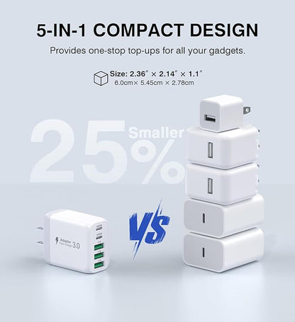 USB C Wall Charger Block, 2Pack 50W 5-Port C Charger Fast Charging Block PD Power Adapter +QC 3.0 Multiport Type C Box Brick Cube USB A Wall Plug for iPhone 16/15/14 Pro Max Plus, iPad,Samsung Galaxy