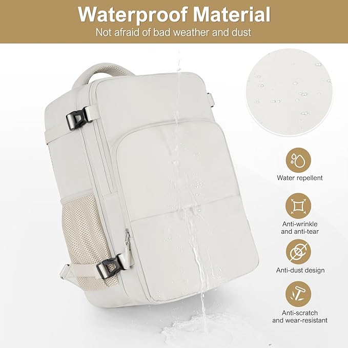 Travel Backpack, Carry on Flight Approved Backpack with Multi-Pockets, TSA Waterproof 17.3inch Laptop Backpack, Personal Item Travel Bag for Men Women, Beige