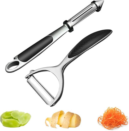 Vegetable Peeler - Stainless Steel Ultra Sharp Shape Potato Peelers, Non-Slip Soft Grip Handle, Y and I Effortless Carrot & Fruit Peeling 5-in-1 Peeler Set