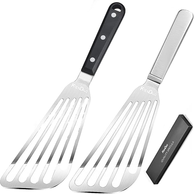 KSENDALO Fish Spatula Stainless Steel, Egg Flipper Spatula with Thin Flexible Slotted and Angled Blade for Kitchen Cooking, Grill, Camping, Essential Metal Spatulas,Silver Kitchen Utensils Set