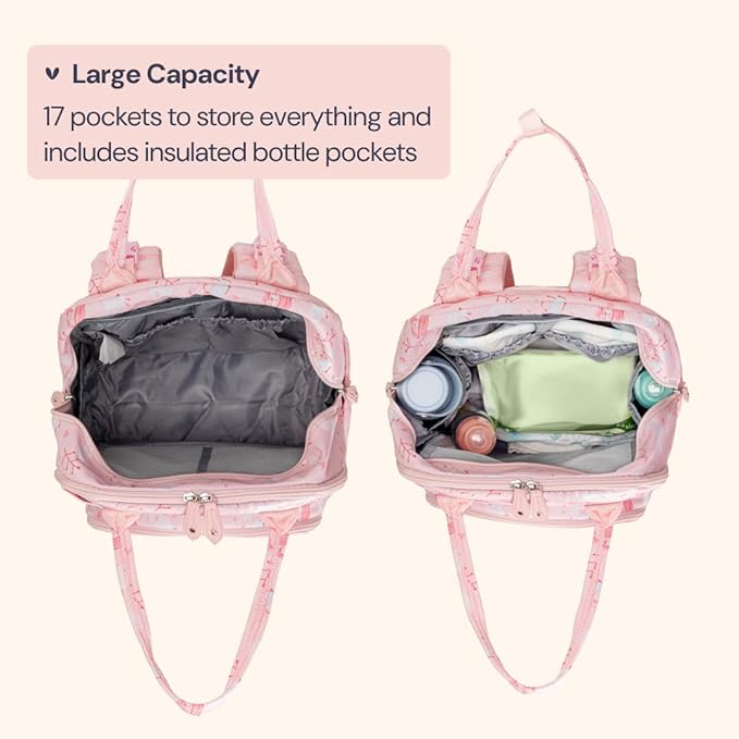 BabbleRoo Diaper Bag Backpack - Baby Essentials Travel Tote - Multi Function Water Resistant Diaper Bag, Travel Essentials Baby Bag with Changing Pad, Stroller Straps & Pacifier Case - Pink Birdy