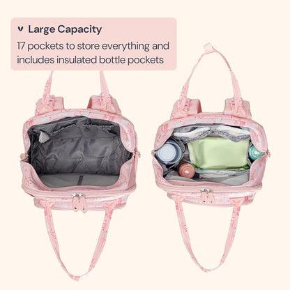 BabbleRoo Diaper Bag Backpack - Baby Essentials Travel Tote - Multi Function Water Resistant Diaper Bag, Travel Essentials Baby Bag with Changing Pad, Stroller Straps & Pacifier Case - Pink Birdy