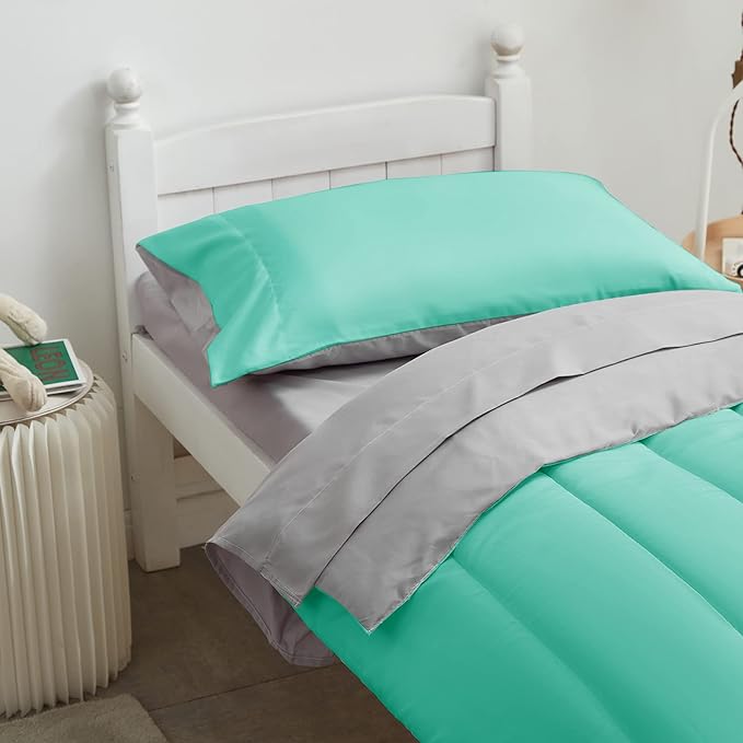 UOZZI BEDDING 4 Pieces Toddler Bedding Set Ultra Soft and Breathable Toddler Sheet Set - Includes Comforter, Flat Sheet, Fitted Sheet and Pillowcase - Teal/Green & Gray