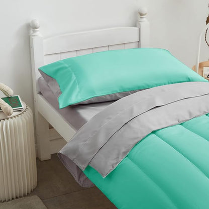 UOZZI BEDDING 4 Pieces Toddler Bedding Set Ultra Soft and Breathable Toddler Sheet Set - Includes Comforter, Flat Sheet, Fitted Sheet and Pillowcase - Teal/Green & Gray
