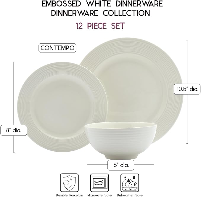 Tabletops Gallery Embossed Bone White Porcelain Round Dinnerware Collection-