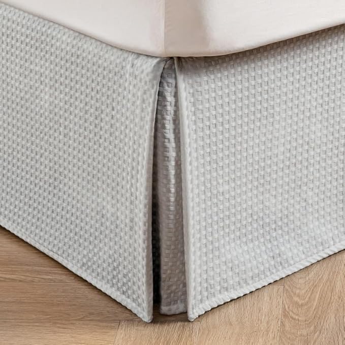 MIYE Pleated Waffle Weave Bed Skirt, Tailored Dust Ruffle 14 Inch Drop Easy Fit, Machine Washable (Light Grey, Queen - 14" Drop)