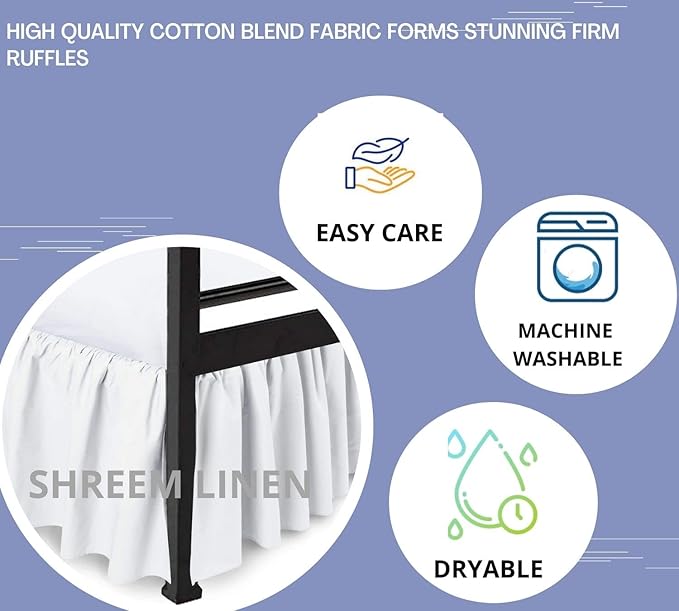 Shreem Linen Ruffled Bed Skirt with Split Corners, Gathered Style, 100% Microfiber, 30-Inch Drop, Dust Ruffle Bedskirt with Platform, Queen-XL, White