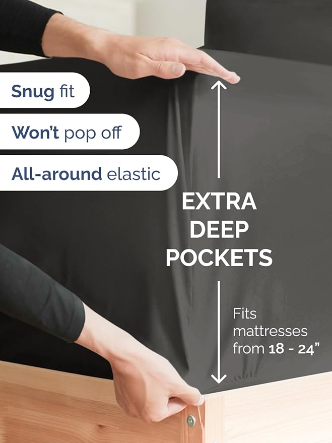 Extra Deep King Fitted Sheet - Hotel Luxury Single Fitted Sheet Only - Easily Fits 18 inch to 24 inch Mattress - Ultra Soft, Wrinkle & Fade Free w/Extra Deep Pockets - Breathable & Comfy - Charcoal