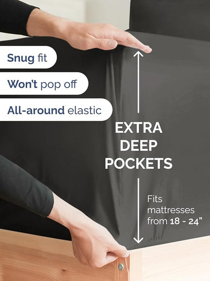 Extra Deep King Fitted Sheet - Hotel Luxury Single Fitted Sheet Only - Easily Fits 18 inch to 24 inch Mattress - Ultra Soft, Wrinkle & Fade Free w/Extra Deep Pockets - Breathable & Comfy - Charcoal