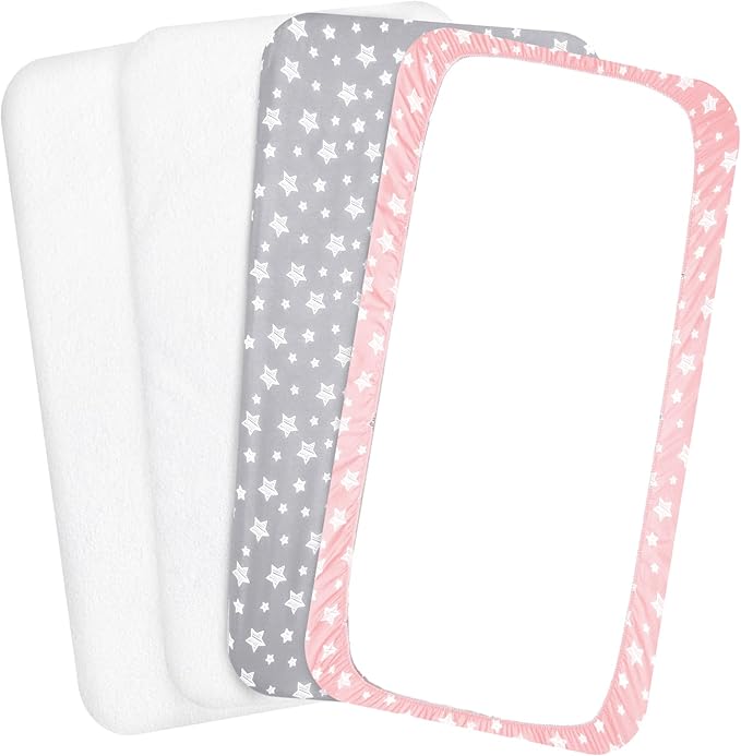 Crib Sheets & Waterproof Crib Mattress Protector for Boys 4 Pack Set, Viscose, Waterproof Crib Sheets Mattress Pad Cover, Grey & Pink