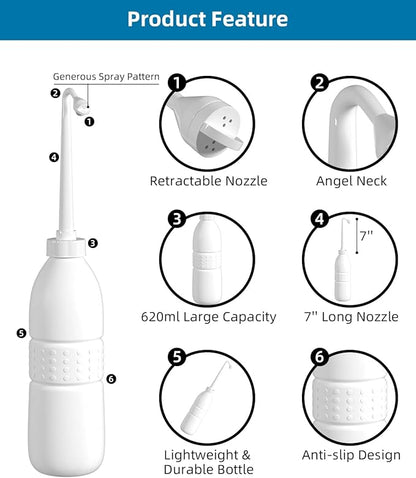Hibbent Portable Bidet for Travel, Handheld Travel Bidet for Personal Hygiene Care, Personal Cleansing Use, Extended Nozzle, 21.8oz(620ml) , White
