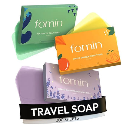 FOMIN - Antibacterial Paper Soap Sheets for Hand Washing - (300 Sheets) Orange, Tea Tree, Lavender Portable Travel Soap Sheets, Dissolvable Camping Mini Soap, Portable Hand Soap Sheet