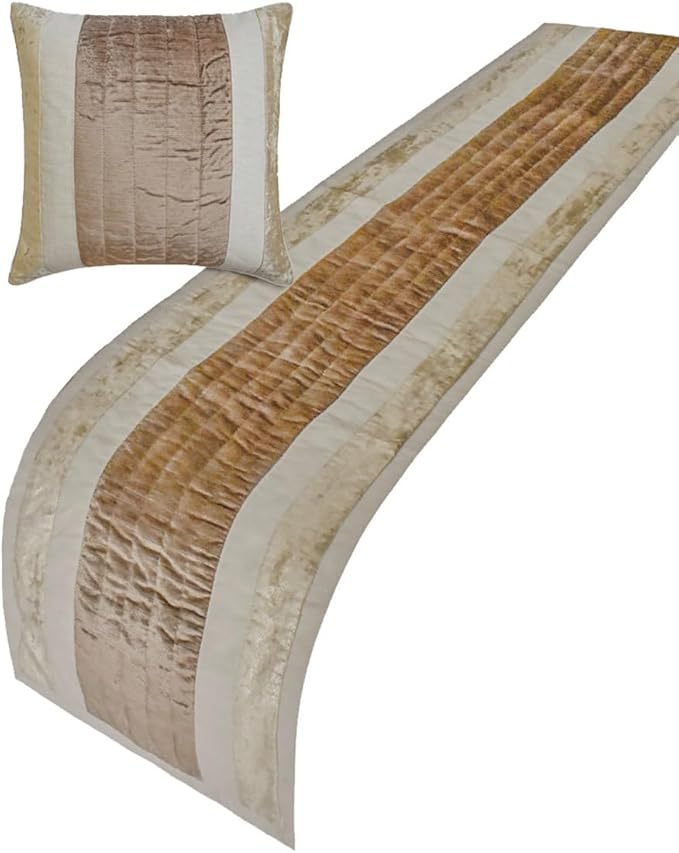 The HomeCentric King/Queen/Twin Beige Luxury Twin 53"x18" Bed Runner with One Pillow Cover, Velvet & Patchwork Bed Scarf on Velvet Fabric - Luxe Velvet Lines