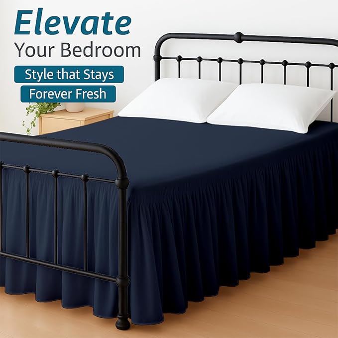 Shreem Linen Ruffled Bed Skirt with Split Corners, Gathered Style, 100% Microfiber, 21-Inch Drop, Dust Ruffle Bedskirt with Platform, Short Queen, Navy Blue